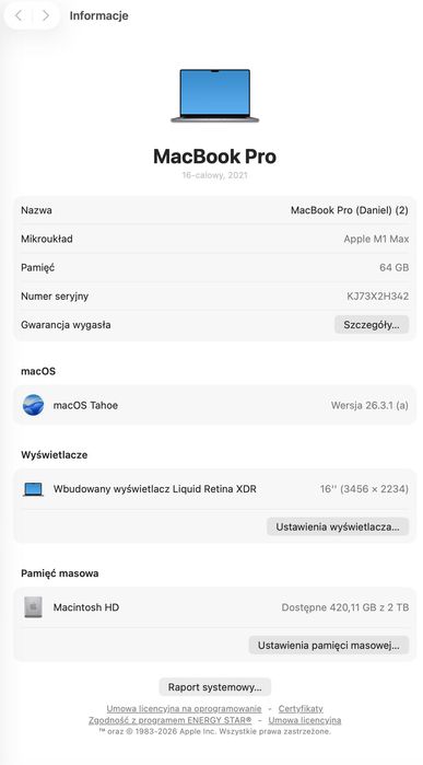 Sprzedam MacBook Pro 16” M1 Max 64GB RAM / 2TB SSD