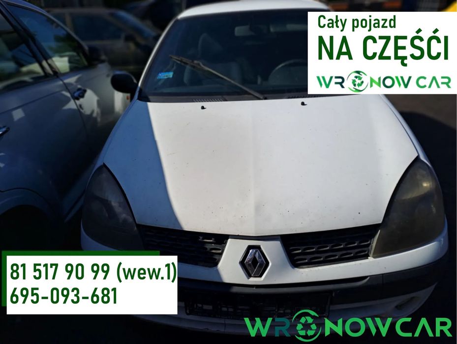 Renault Clio II FL (01-03r.) 1.2B 74KM. Silnik D4F 712 Skrzynia JB1 513 lakier OV369 – ICE WHITE BC.Cały na części.GWARANCJA !!! Przód Tył Zestaw Komplet Drzwi Klapa Zderzak Błotnik Maska Grill Atrapa Szyba Pas Lampa Lusterko Boczki Fotel Kanapa Kokpit De