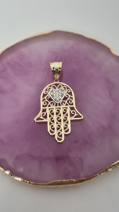 Nowa złota zawieszka wisiorek ręka Fatimy serce białe cyrkonie p.585