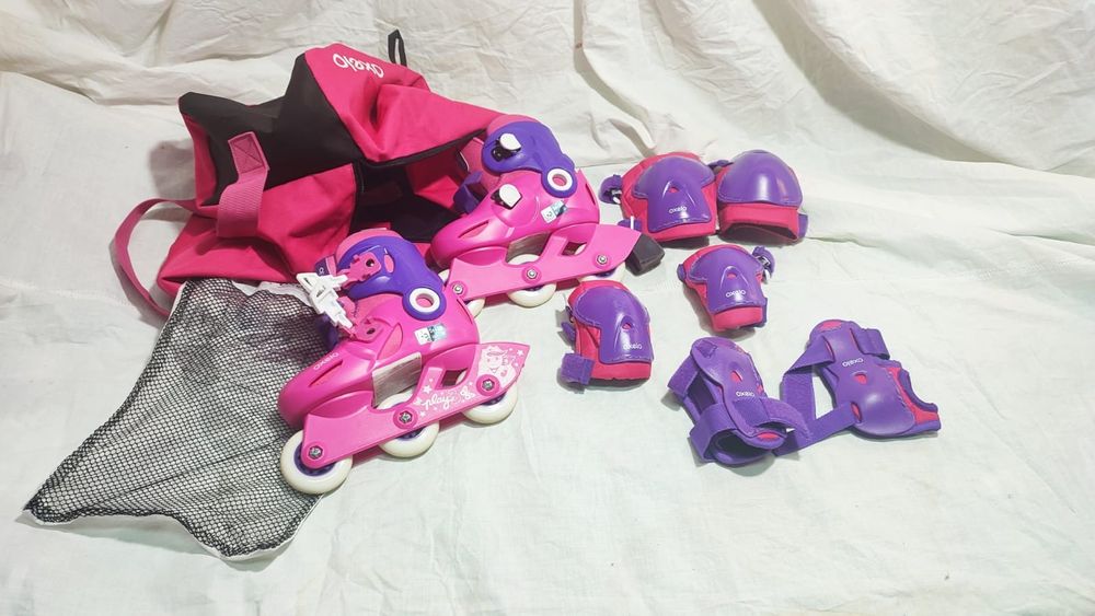Kit completo de patins em linha, rosa, menina