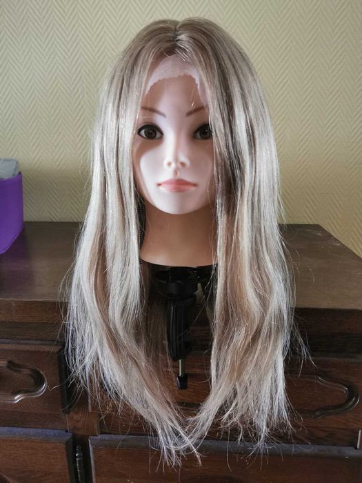peruka z naturalnych włosów 50 cm pół lace front T blond nowa
