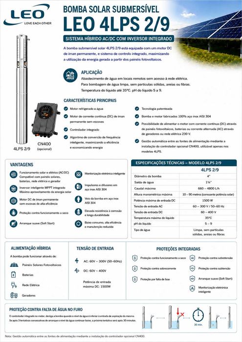 Bomba Solar 1Cvs 90m de elevação 4800L/Hora LEO 4LPS 2/9