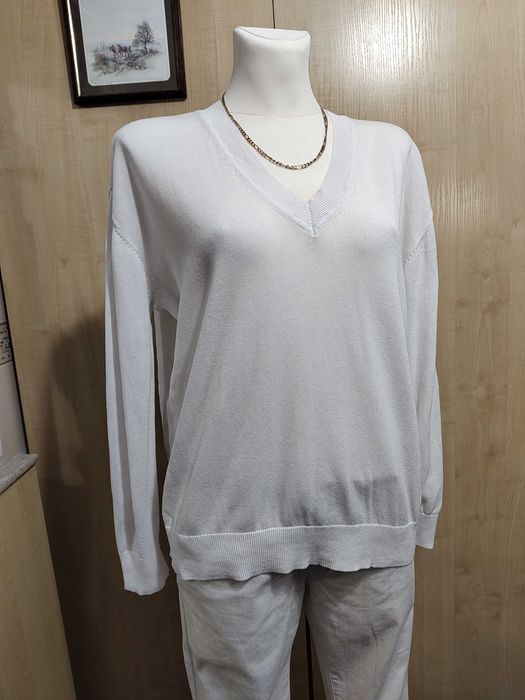 Klasyczny bawełniany biały gładki sweter z dekoltem w serek M&S L 40
