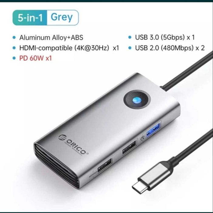 Orico USB HUB 5в1 - HDMI, PD 60W, USB 3.0 Хаб
5in1 30Hz PD60: USB-A*1