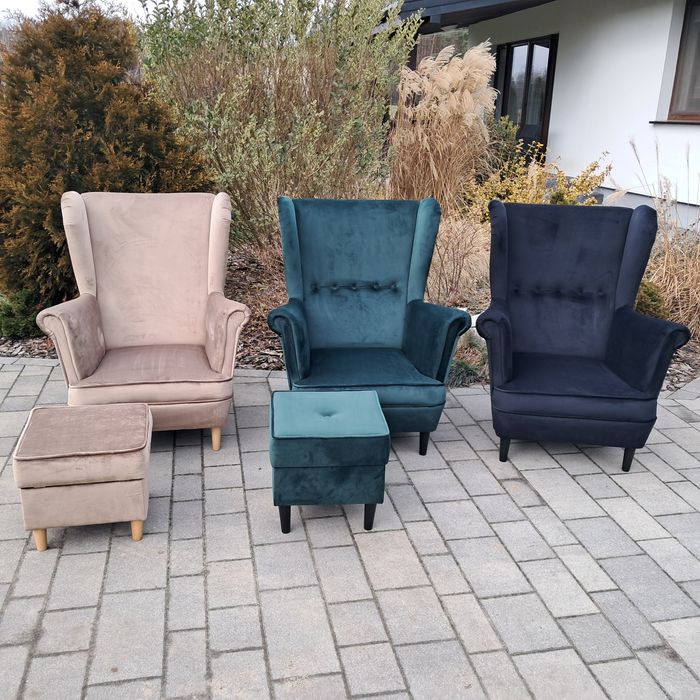 Fotel uszak welur dostępny od ręki,  butelkowa zieleń,  pudrowy, szary