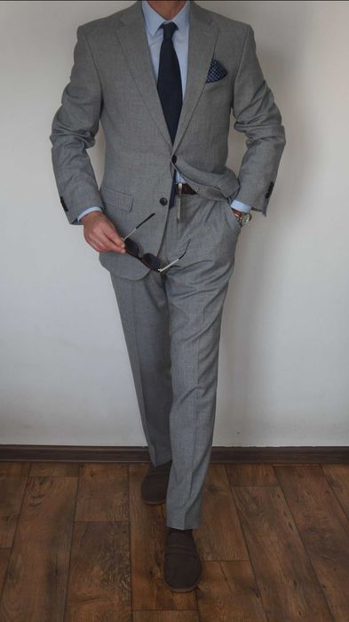 Nowy Garnitur Pierre Cardin 50 Modern Fit Wełna Szary Popielaty Krata