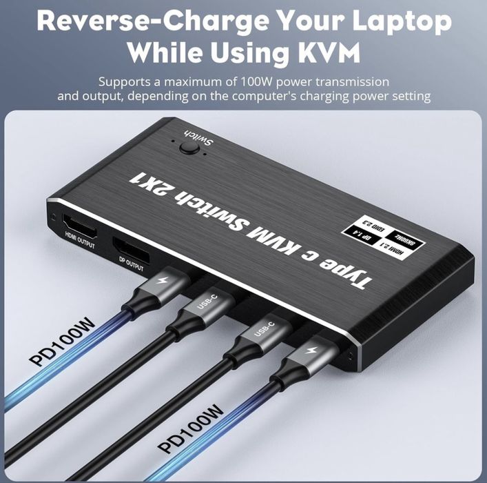 KVM-перемикач 2 в 1 з виходом USB-C 8K при 60 Гц 4K при 120 Гц, для Windows 11/10/8/7/Vista/XP, Mac OS X 10.9