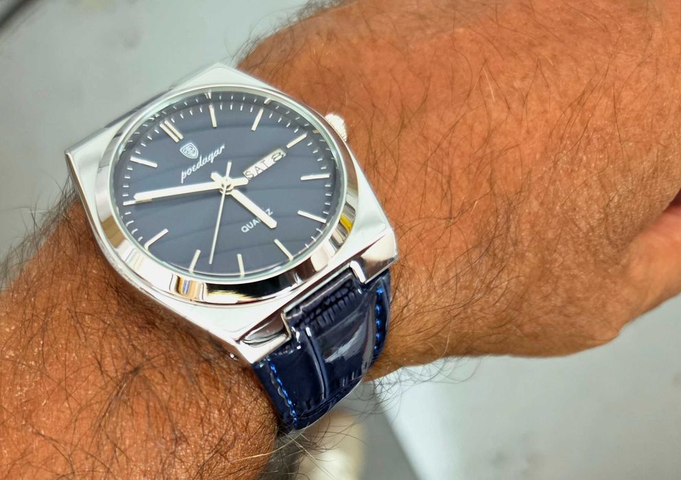 Relógio Masculino POEDAGAR – Azul – Quartz – Data e Dia – Bracelete em Pele – Novo