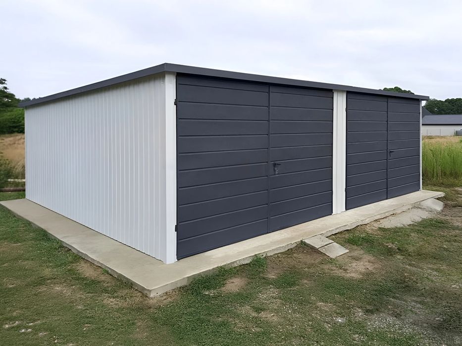 Garaż dwustanowiskowy 7x5 m - Dach jednospadowy, Brama dwuskrzydłowa,