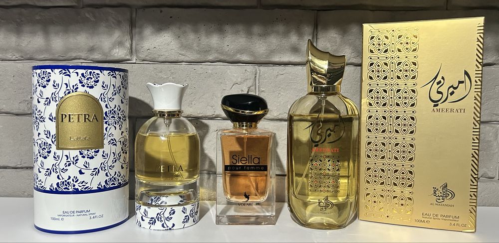 Zestaw perfum arabskich:   Lattafa Petra • Volare Siella – inspirowane A.r.m.a.n.i Sì • Al Wataniah Ameerati