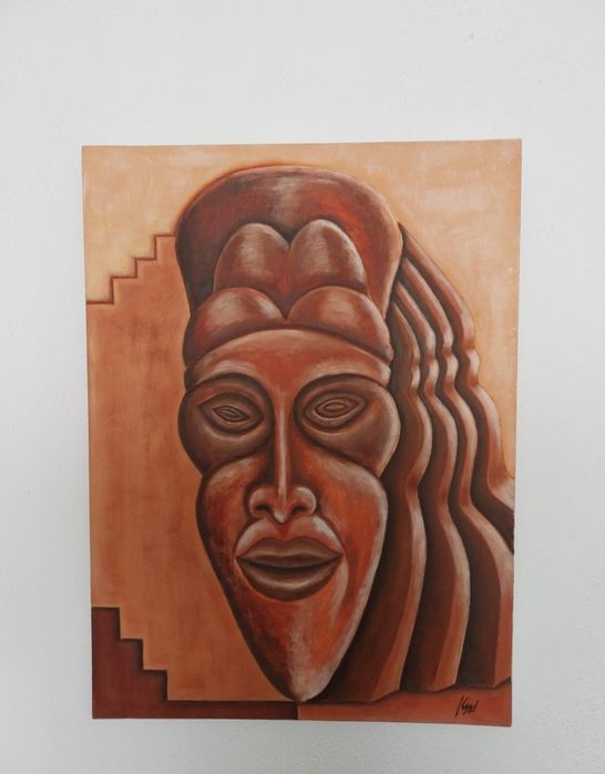 Tela pintura máscara africana oleo sobre tela 73x54cms