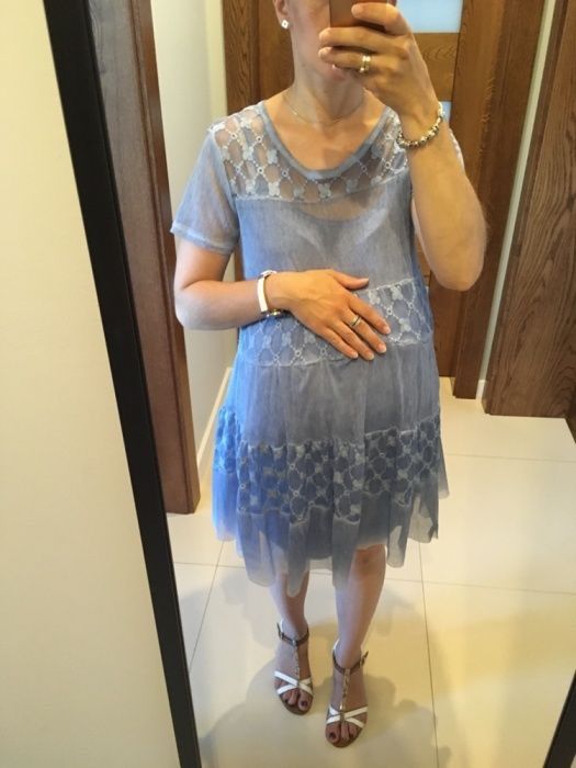 Piękna koronkowa sukienka ciążowa niebieska/szara S/M NOWA