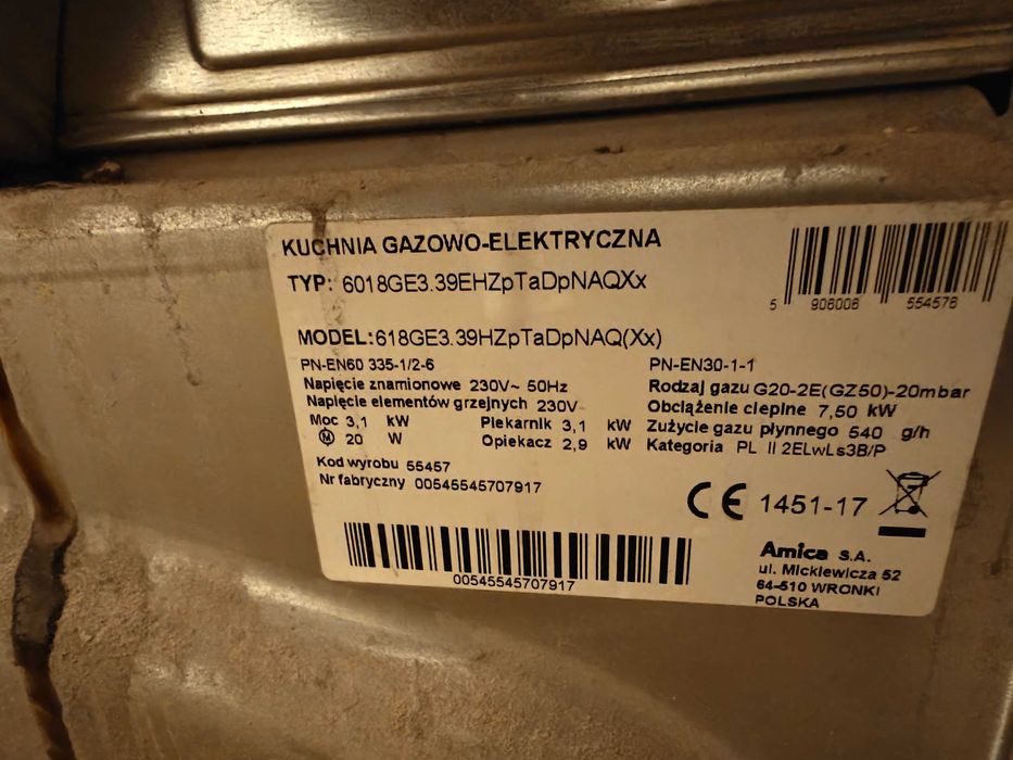 Kuchenka gazowo-elektryczna amica