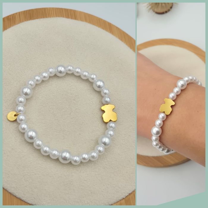 Bransoletka miś złoty perełki białe na gumce stal chirurgiczna