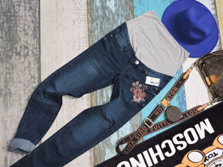 Esmara Nowe ciążowe rurki jeans strech hafty kwiaty 36