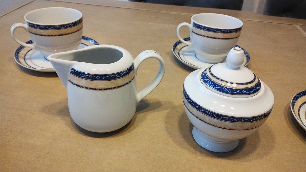 Zestaw serwis kawowy fabryka porcelany Książ szafirowo złoto beżowy