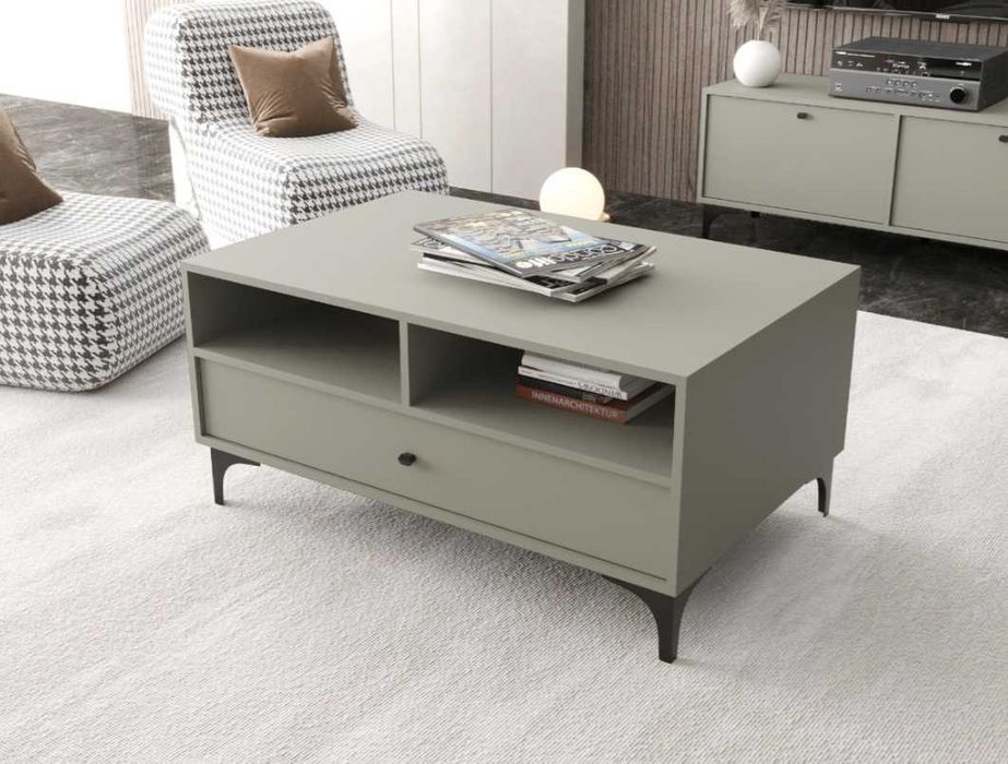 CZYSZCZENIE MAGAZYNU Orientalny Stolik Kawowy 100x49x65 CM Ława Salonowa Z Szufladą ORIENT LT1-04 Eukaliptus + czarne nóżki + czarne uchwyty
