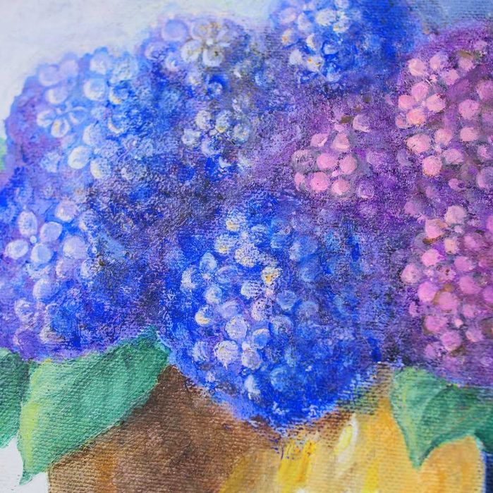 Óleo sobre tela assinado com representação de vaso com hortênsias