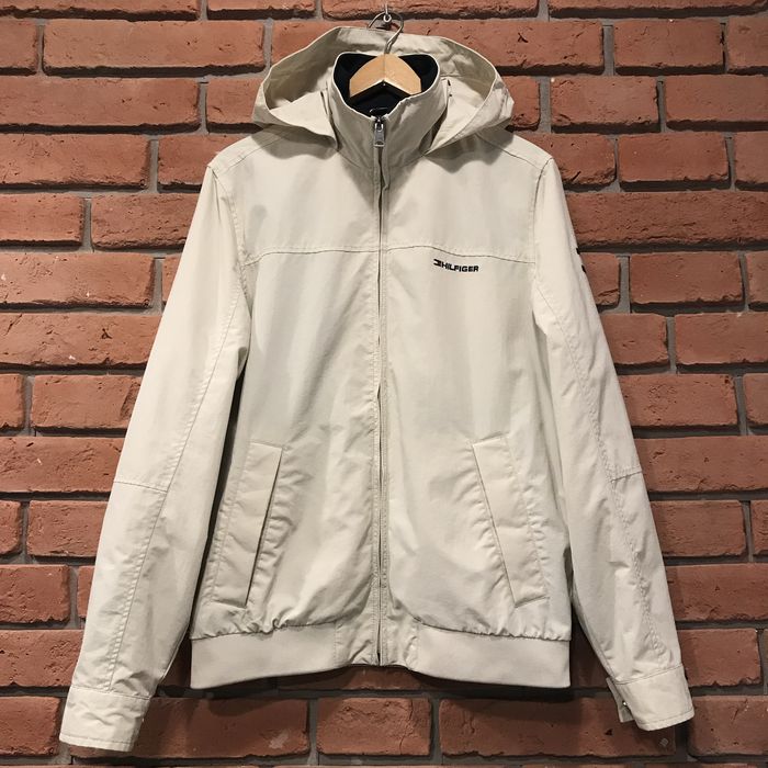 Kurtka TH Tommy Hilfiger jasna beżowa z kapturem chowanym ecru logo