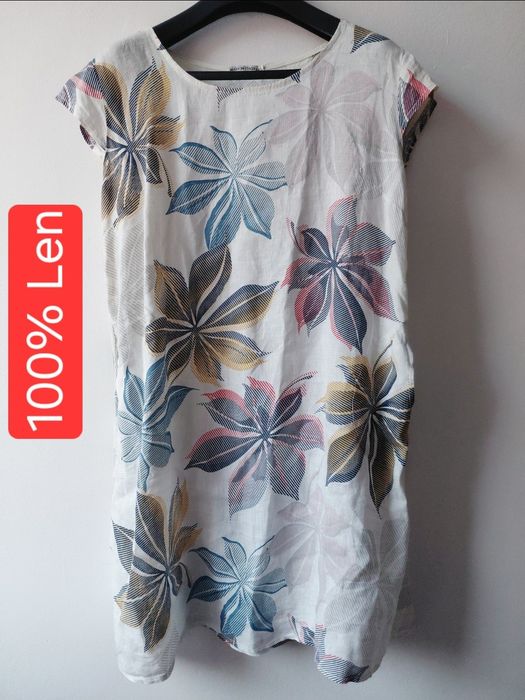 Sukienka biala w kwiaty roz.3xl wymiary opis 100% Len