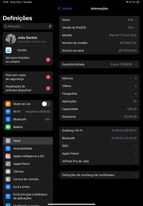 iPad Air 11" (M3) 128GB como NOVO + Apple Pencil + Capa | Garantia e Bateria 100%