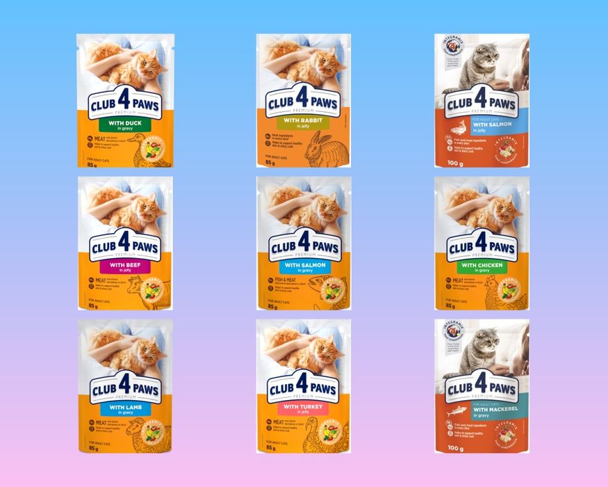 Корм для котов Клуб 4 Лапы Премиум 85г и 100г (паучи)