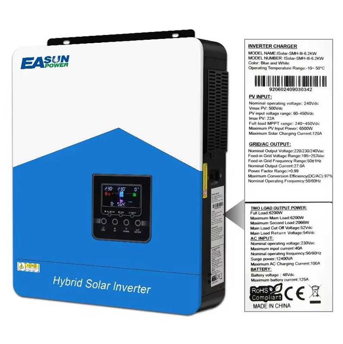 Гібридний інвертор Easun 3 покоління 6.2кВт з WIFI 48В 6200W