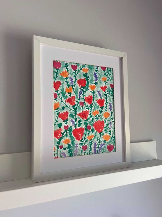 Quadro - Pintura abstrata (floral) em aguarela com moldura