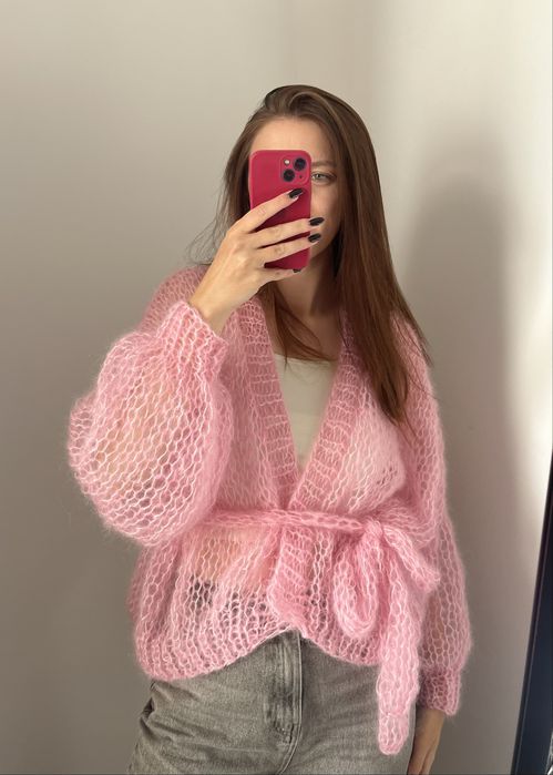 Рожевий невагомий мохеровий светр кардиган зефірка павутинка хмаринка