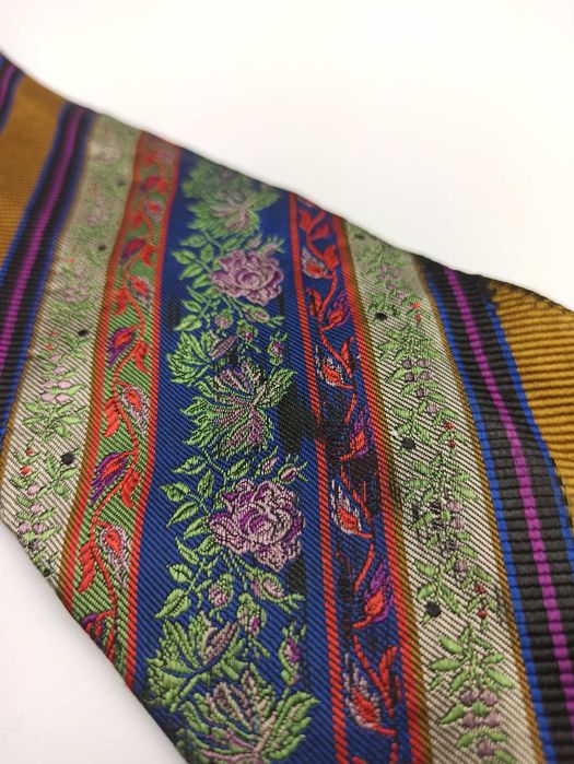 Ken brązowy niebieski jedwabny krawat w paski kwiaty mpi113