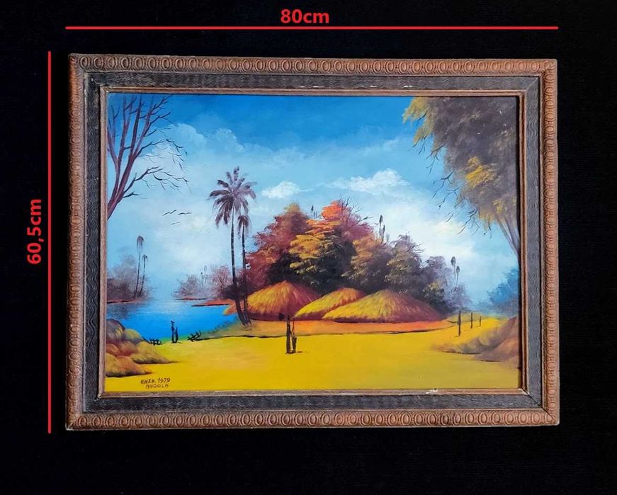 Pintura Angola 1979 emoldurada e assinada por Enzo