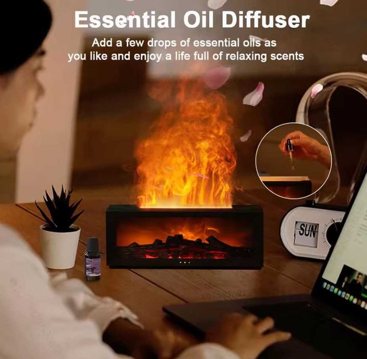 Зволожувач повітря з імітацією вогню каміна, аромадифузор, LED-полум’я