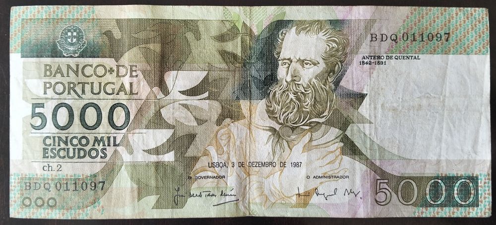 Lote 8 Notas 5000$ 1987/1989/1991/1993 Antero Quental Excelente Estado