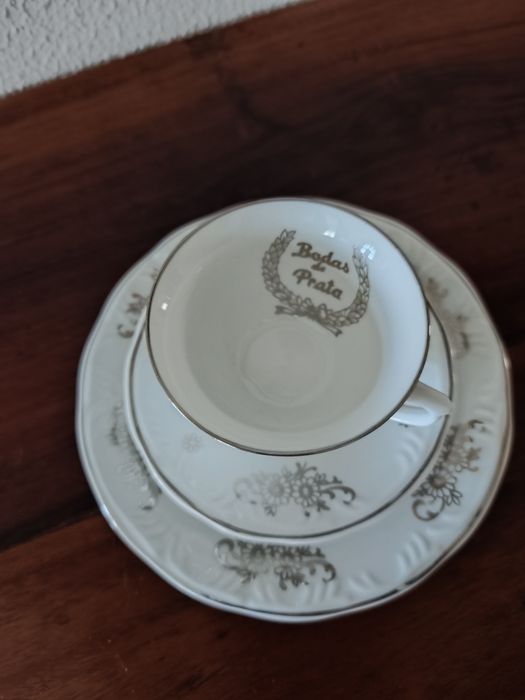 Bodas Prata Conjunto 3 Peças Porcelana "Disfer" Detalhe Prateado