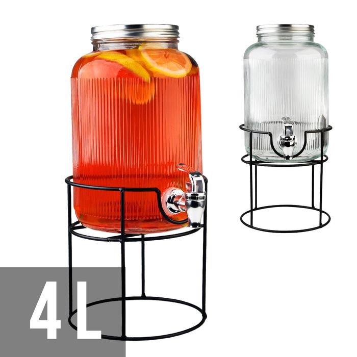 Słój szklany z kranikiem - 4 L - RYFLOWANY + stojak, na lemoniadę wodę