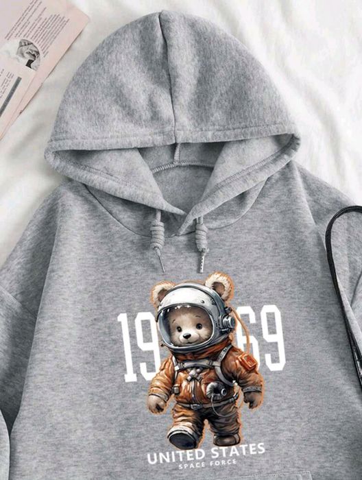 Gráfico De Urso & Slogan Bolso Canguru Cordão Capuz Térmico