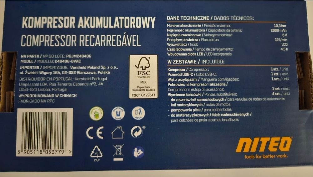 Kompresor bezprzewodowy, akumulatorowy, latarka, wyświetlacz LCD