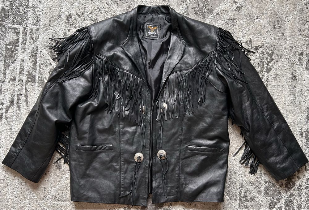 Kurtka skórzana Real Leather styl western frędzle r.XL country