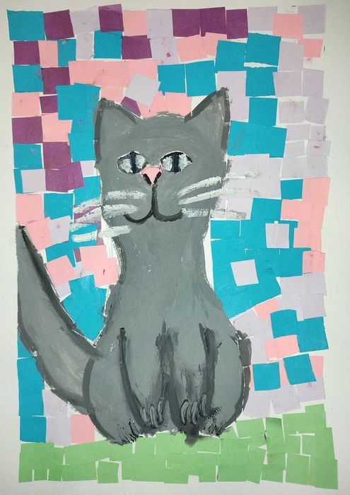 Картина гуашшю чарівний сірий кіт у квадратах