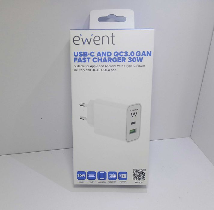 Usb-C & USB QC3.0 Gan Fast Charger 30W, "ewent"