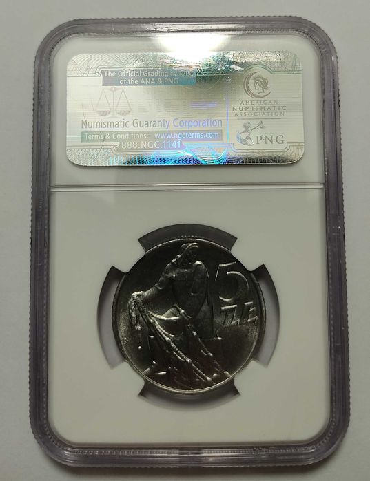 5 zł 1974, NGC MS66, Rybak z trawką, destrukt