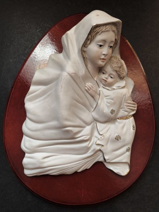 Quadro em Cerâmica e Madeira Virgem Maria c/Menino.
