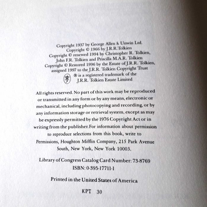 J R R Tolkien - The Hobbit - Houghton Mifflin Co. 3rd Edition