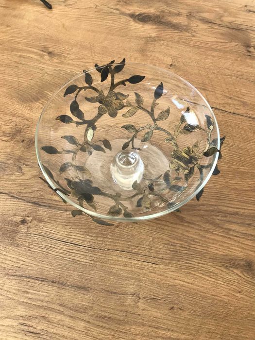 Szklana patera na owoce i metaloplastyka z okresu PRL-u