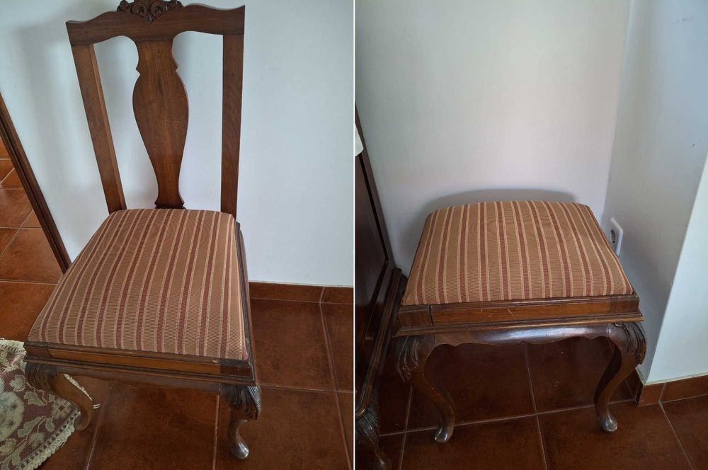 Conjunto de cadeira e banco de madeira
