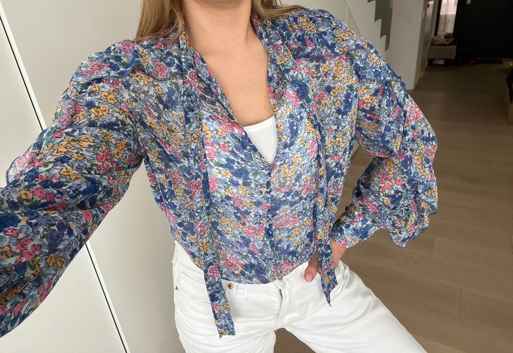 Koszula Zara S / 36 błękitna kwiatki kokarda falbanki wiosna boho