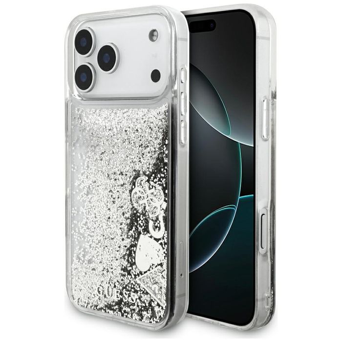 Etui Guess Liquid Glitter 4G Charms do iPhone 18 Pro Max / 17 Pro Max srebrny