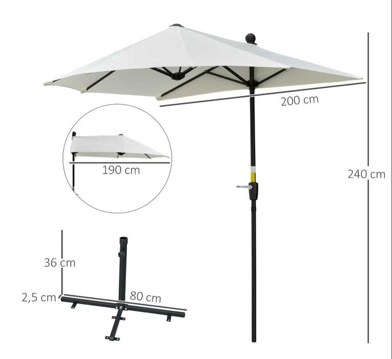 Parasol Przyścienny na Balkon Taras 2x1.9m Półokrągły z Korbą