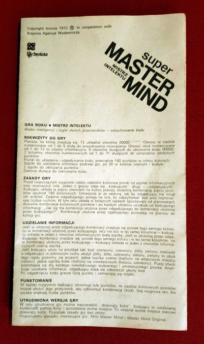 Gra logiczna z czasów PRL "SUPER MASTER MIND"  Invicta 1972r  SUPER STAN!