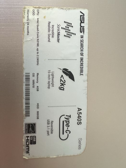 Portatil Asus A540S - 15,6”- 4GB RAM - 500GB HDD